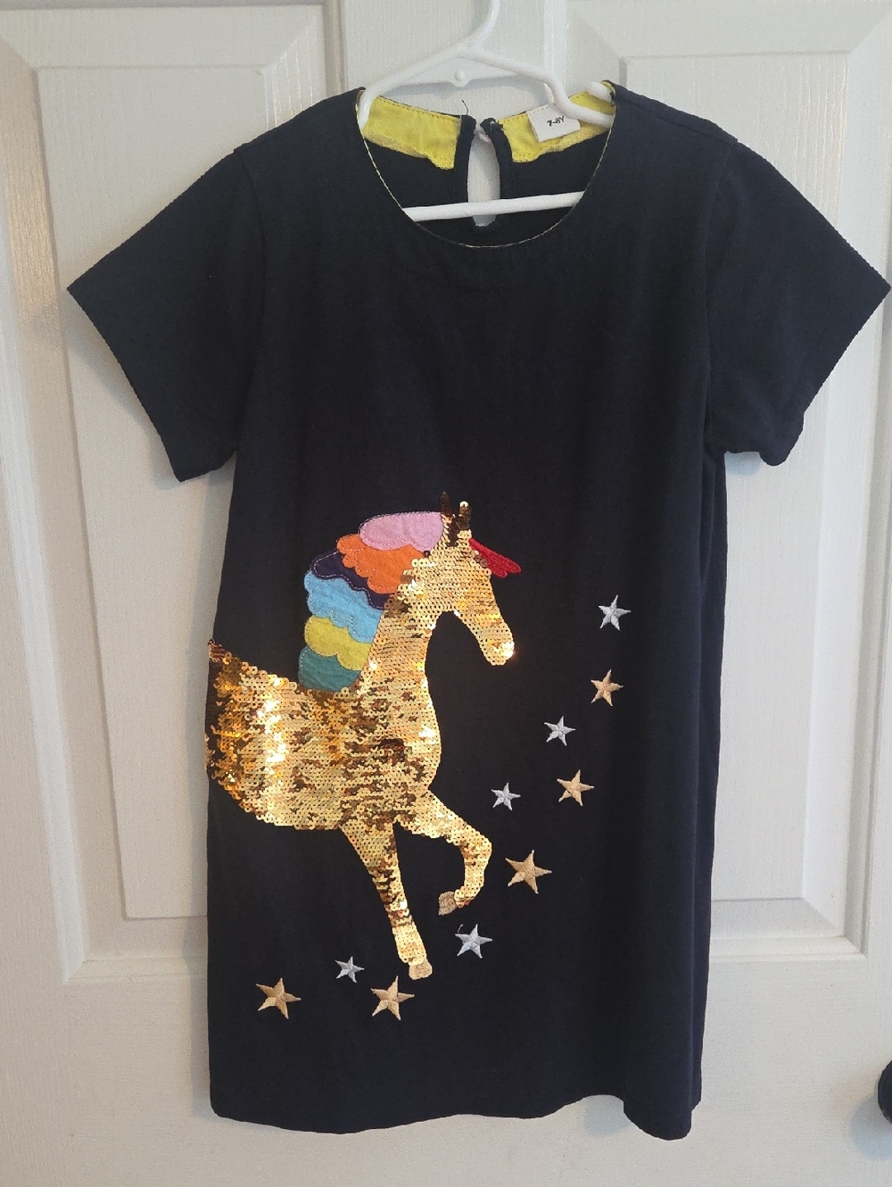 Girls Navy Dress with Gold Sequin Unicorn Sz 7/8